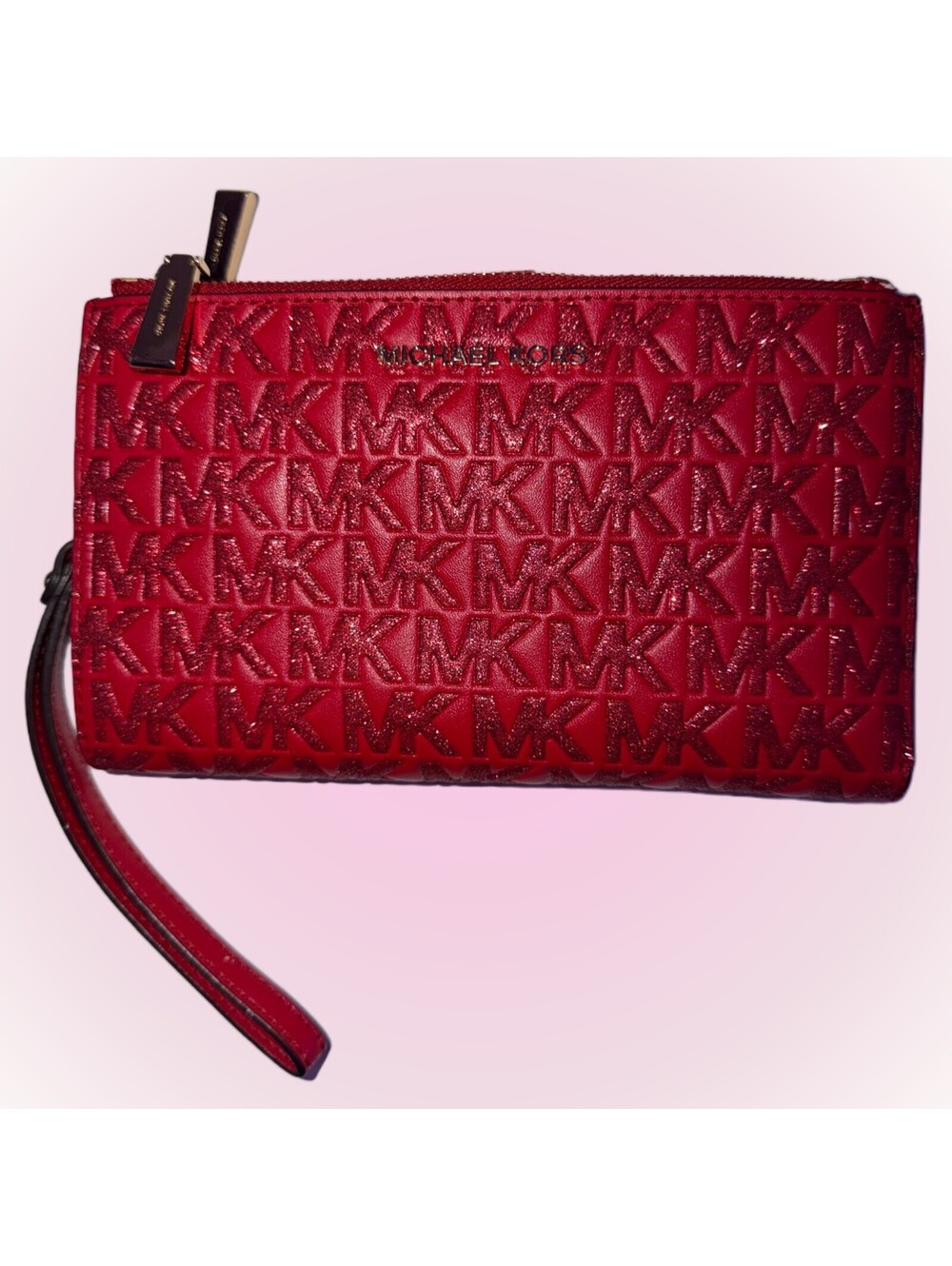 Red Michael Kors Wallet with Zipper Pockets & Wrist Strap | Glitter